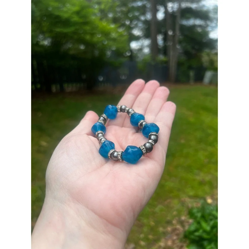 Vtg Blue Chunky Beaded Stretch‎ Bracelet Silver Tone Rhinestone Y2K Statement